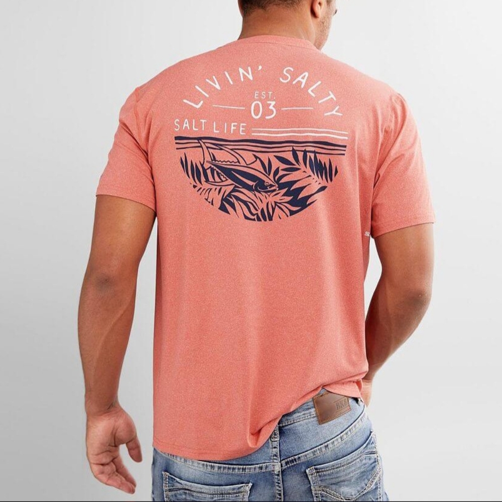 Salt Life Fish Tropics Performance T-Shirt Burnt Coral Heather size medium